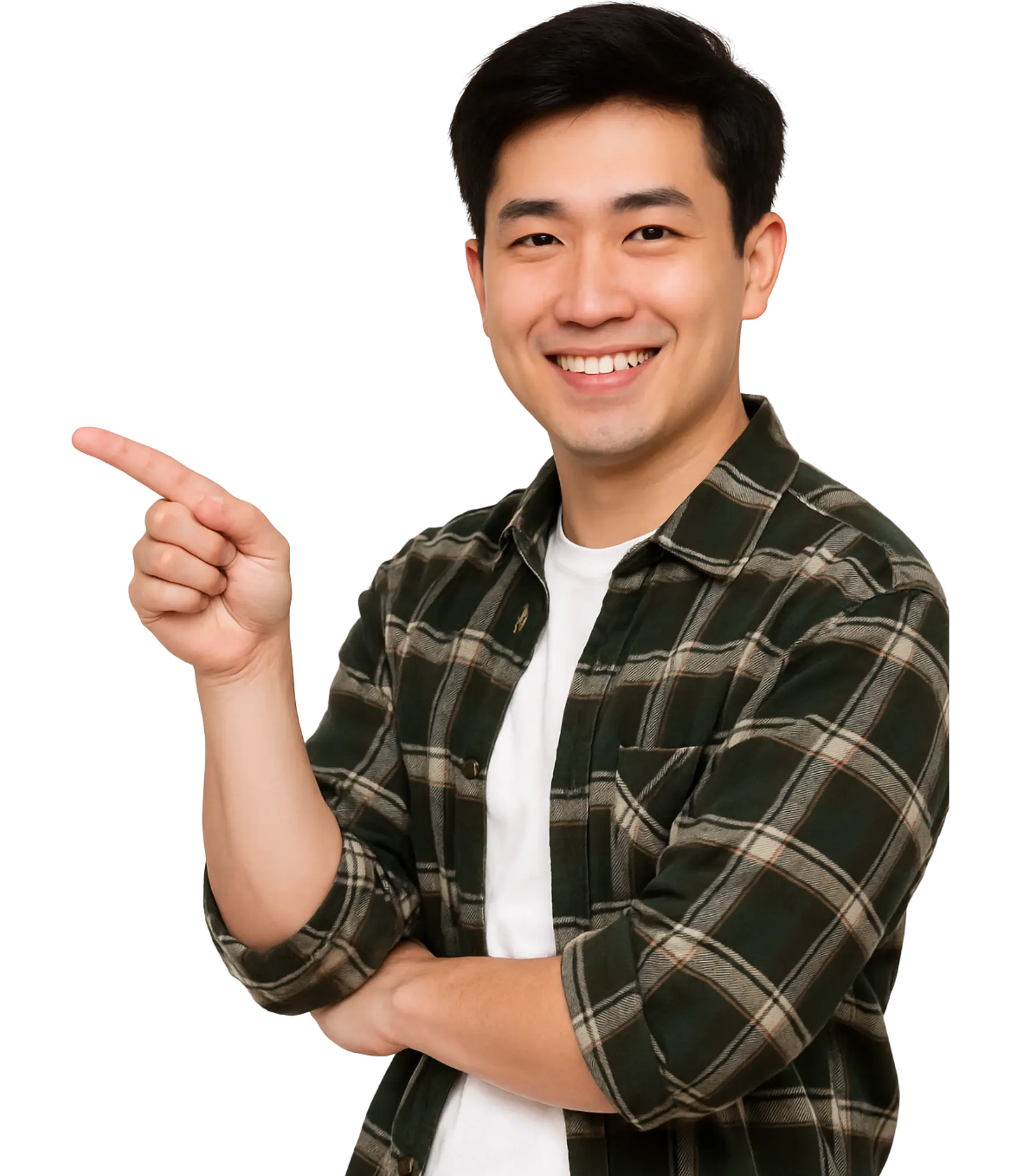 Smiling man in checkered shirt pointing to the right