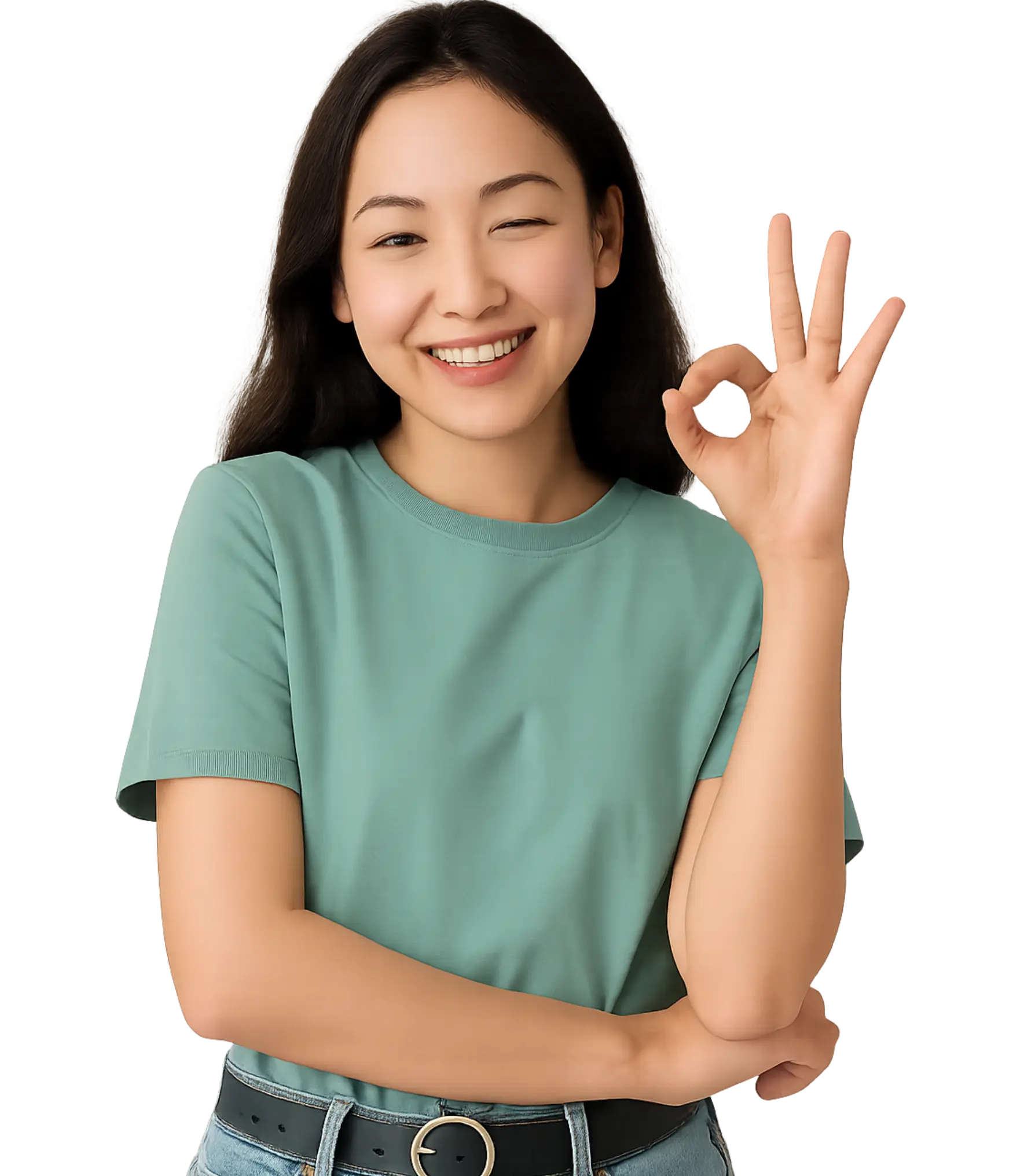 Smiling woman in green shirt making OK hand gesture