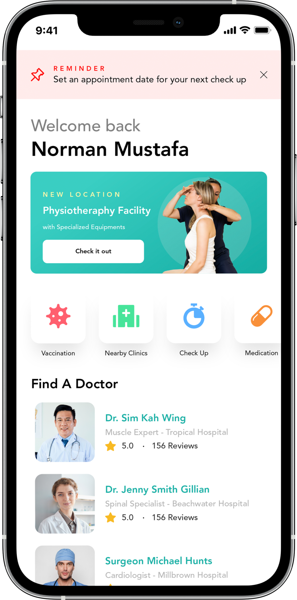 Health app interface for finding nearby doctors