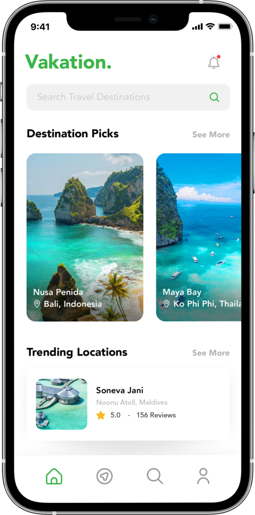 Travel app showing tropical destination images