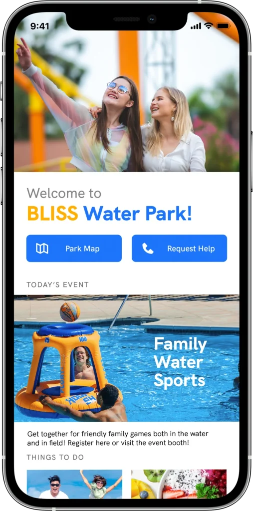 Water park app welcome screen with blue theme