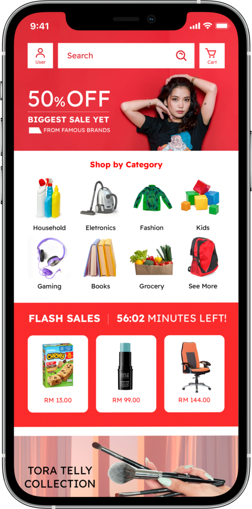 E-commerce mobile app showing flash sale and shopping categories