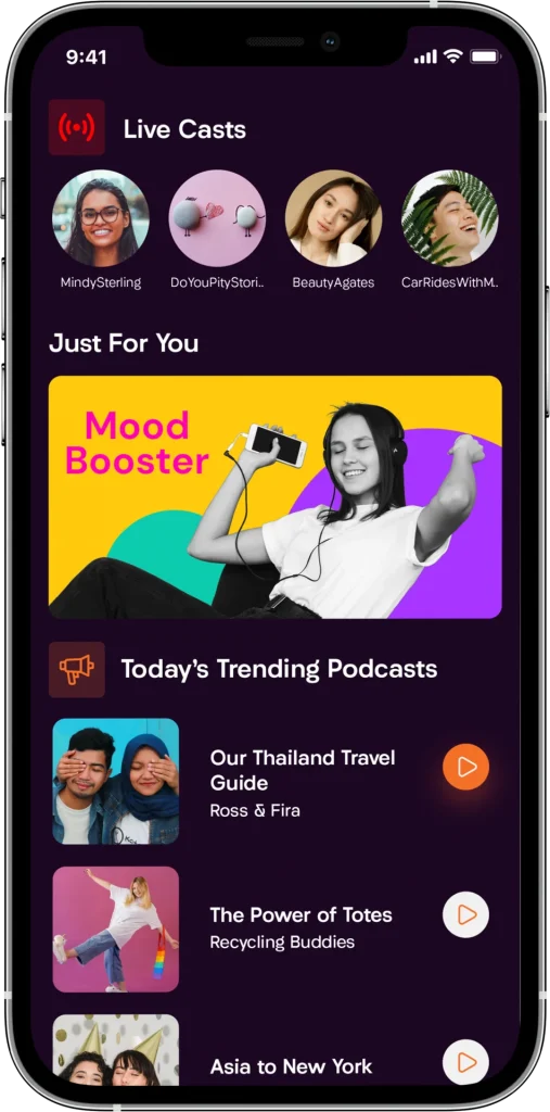 Podcast app interface showing trending audio content
