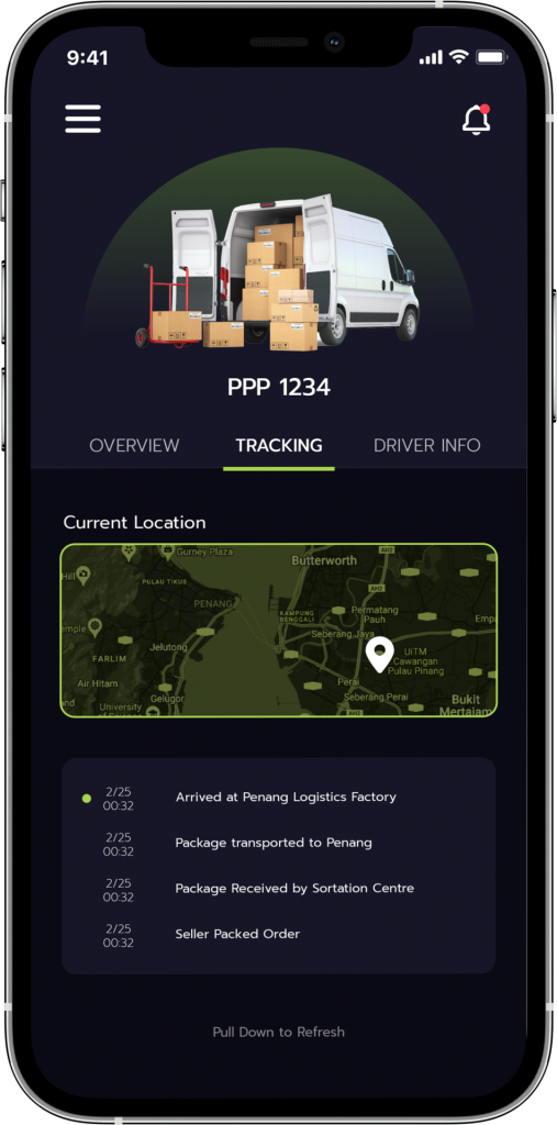 Dark mobile app interface with GPS navigation map