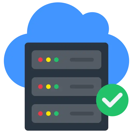 Server with check mark icon representing hosting or uptime