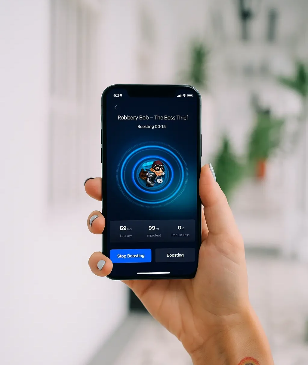 Mobile banking app interface on phone held in hand