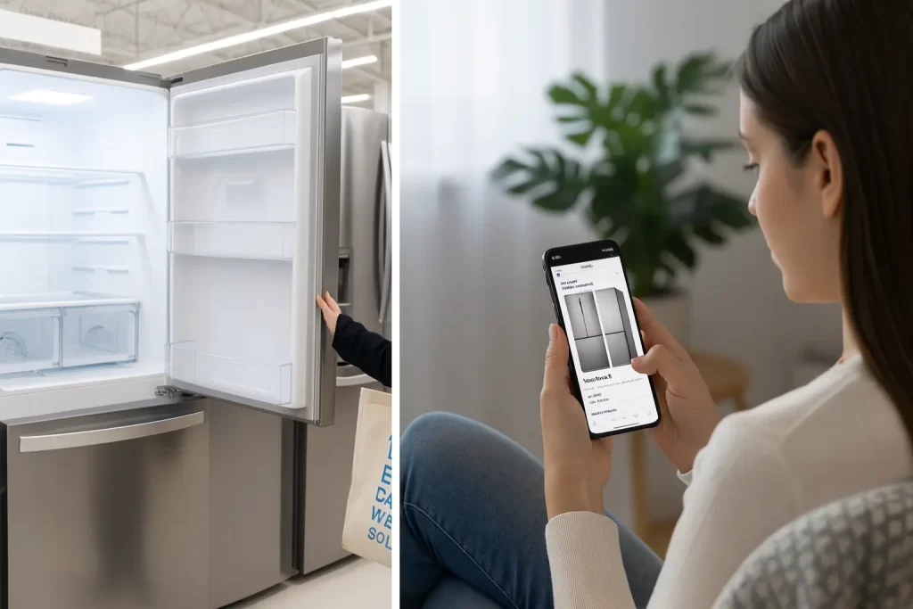 Malaysian shopper comparing home appliance in store and online price