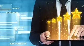 Businessman holding holographic golden bar graph representing growth
