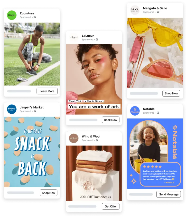Mobile shopping app interface displaying skincare and snack product ads