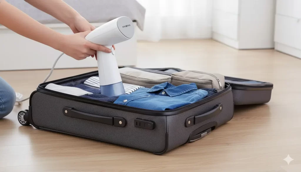 A person packing a portable clothes steamer into a suitcase filled with folded clothes